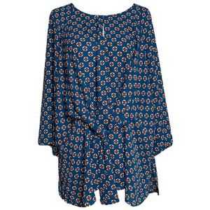 Chenault Dressbarn Teal Medallion Print Tie Front Blouse with Bell Sleeves, 3X